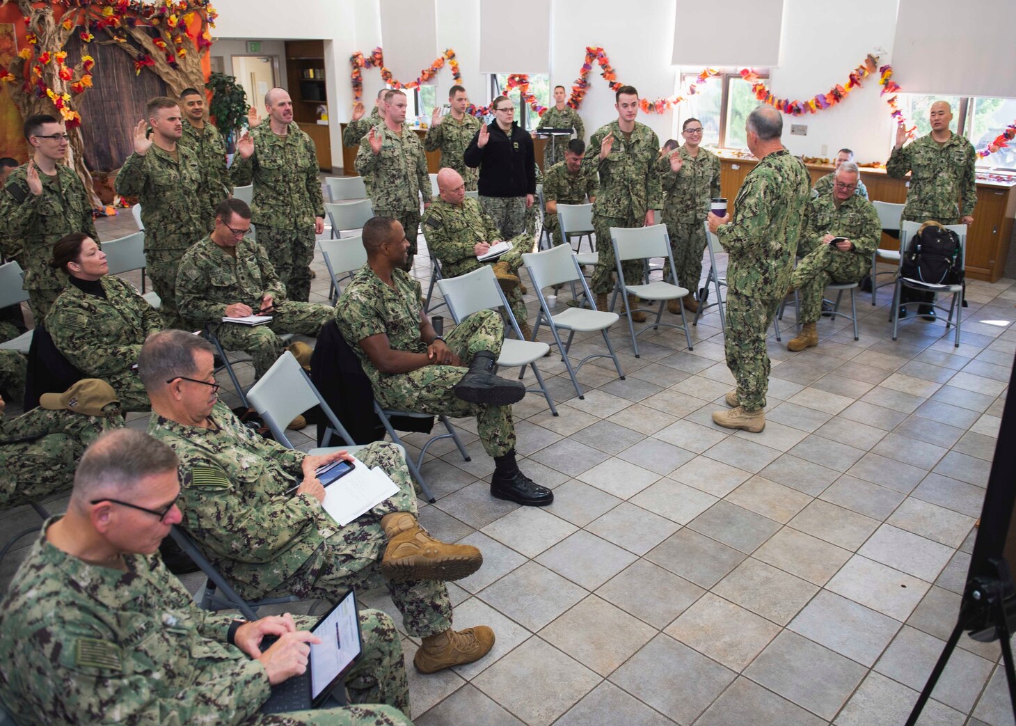 YOKOSUKA, Japan (Nov. 07, 2019) Rear Adm. Brent Scott, Navy Chief of Chaplains, talks to Sailors from Japan during a town hall at Commander, Fleet Activities Yokosuka chapel. During his visit, Rear Adm. Scott toured ships moored at Yokosuka, spoke with Sailors and held a town hall to talk about the way forward for the religious ministry community in accordance with the Department of the Navy Strategic Plan for Religious Ministry.