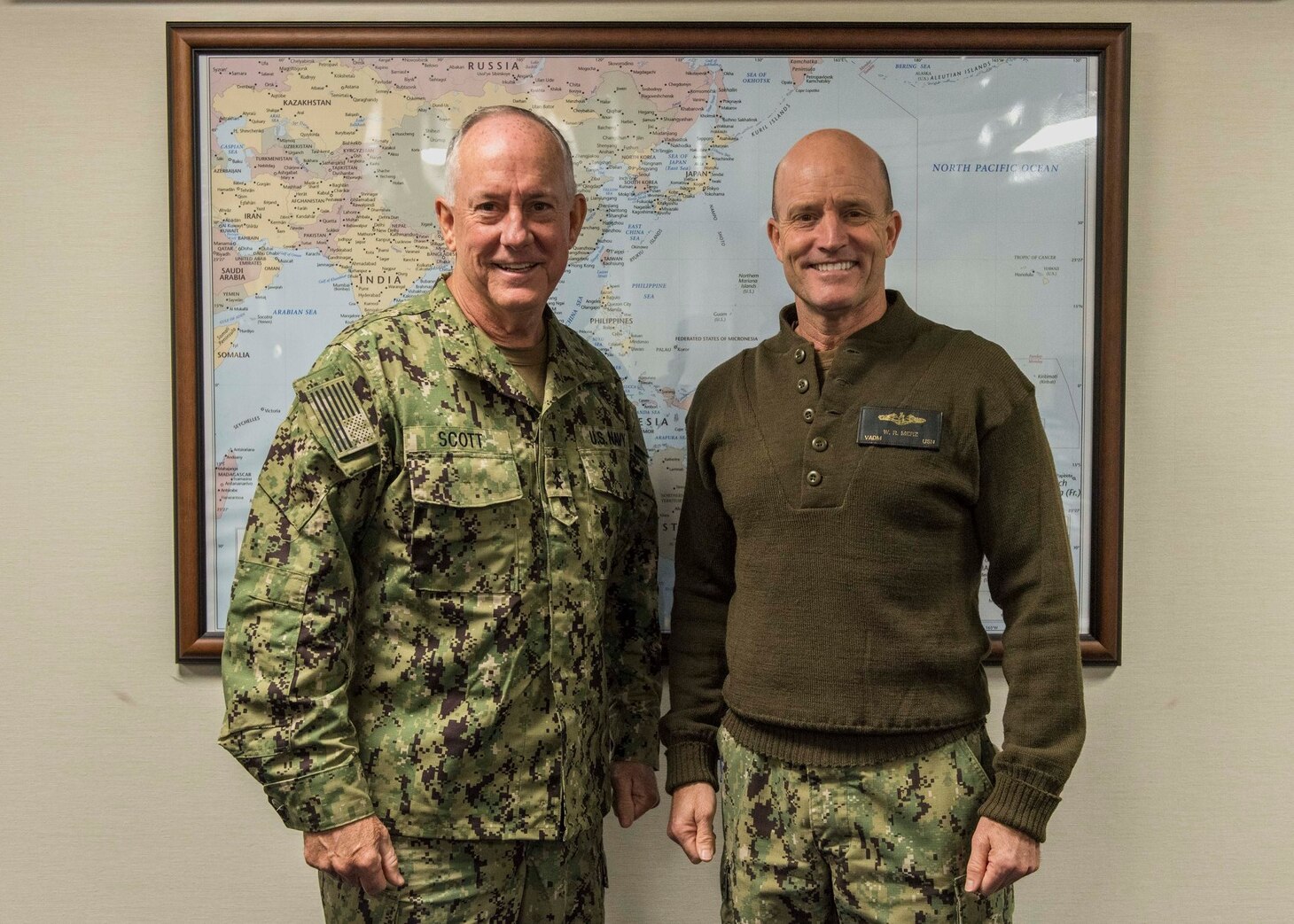 Commander, U.S. 7th Fleet Vice Adm. Bill Merz met with Chief of U.S. Navy Chaplains Rear Adm. Brent Scott aboard USS Blue Ridge (LCC 19) for an office call. As the U.S. Navy's largest numbered fleet, 7th Fleet interacts with 35 other maritime nations to build maritime partnerships that fosters maritime security, promote stability and prevent conflict.