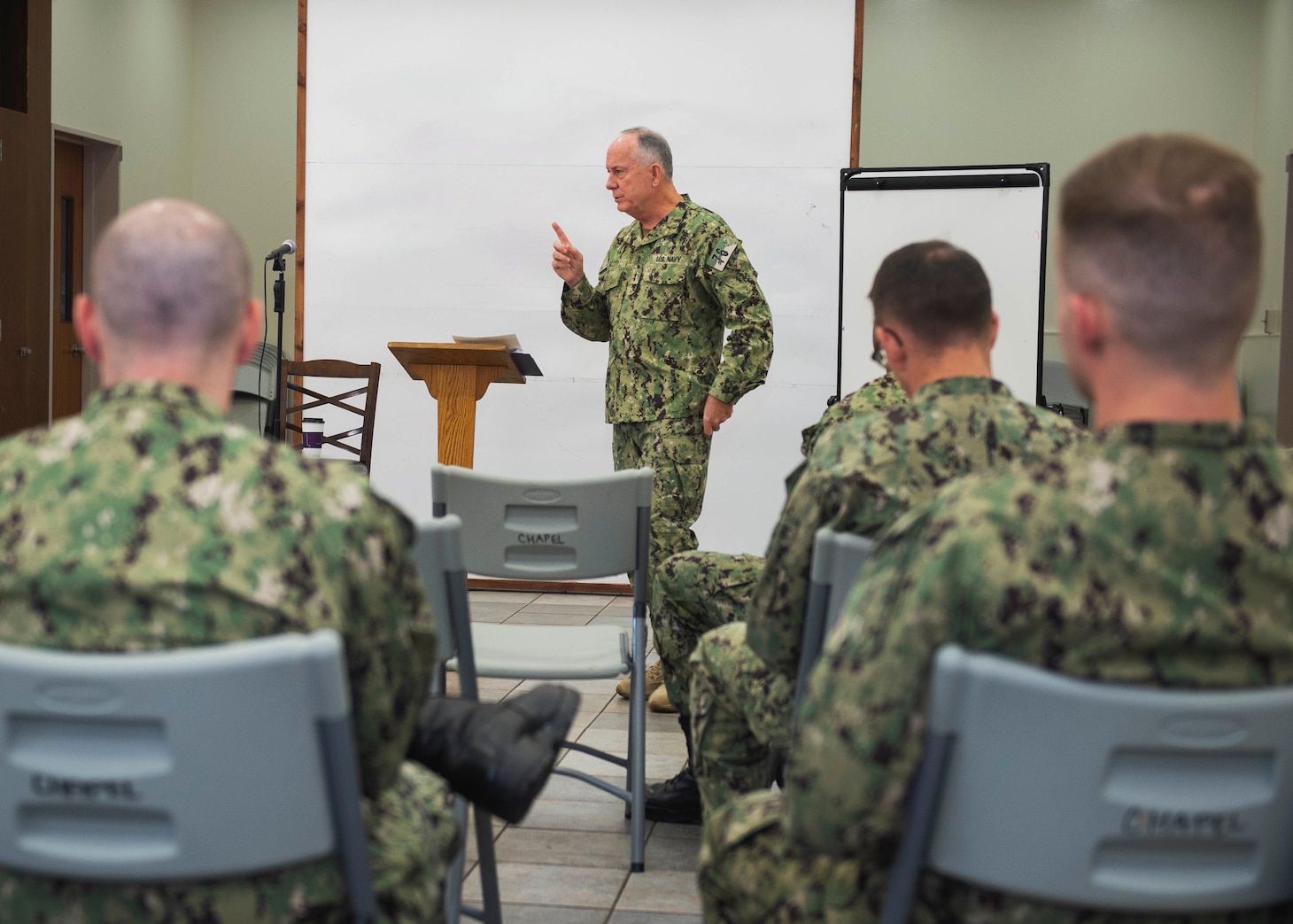 YOKOSUKA, Japan (Nov. 07, 2019) Rear Adm. Brent Scott, Navy Chief of Chaplains, talks to Sailors from Japan during a town hall at Commander, Fleet Activities Yokosuka chapel. During his visit, Rear Adm. Scott toured ships moored at Yokosuka, spoke with Sailors and held a town hall to talk about the way forward for the religious ministry community in accordance with the Department of the Navy Strategic Plan for Religious Ministry.