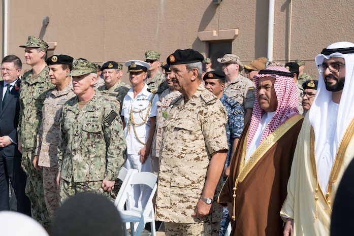 Senior military leaders from Coalition Task Force (CTF) Sentinel attend the headquarters ribbon-cutting ceremony. CTF Sentinel is a multinational maritime effort to promote maritime stability, ensure safe passage, and enhance freedom of navigation throughout key waterways in the Arabian Gulf, Strait of Hormuz, the Bab el-Mandeb Strait and the Gulf of Oman.