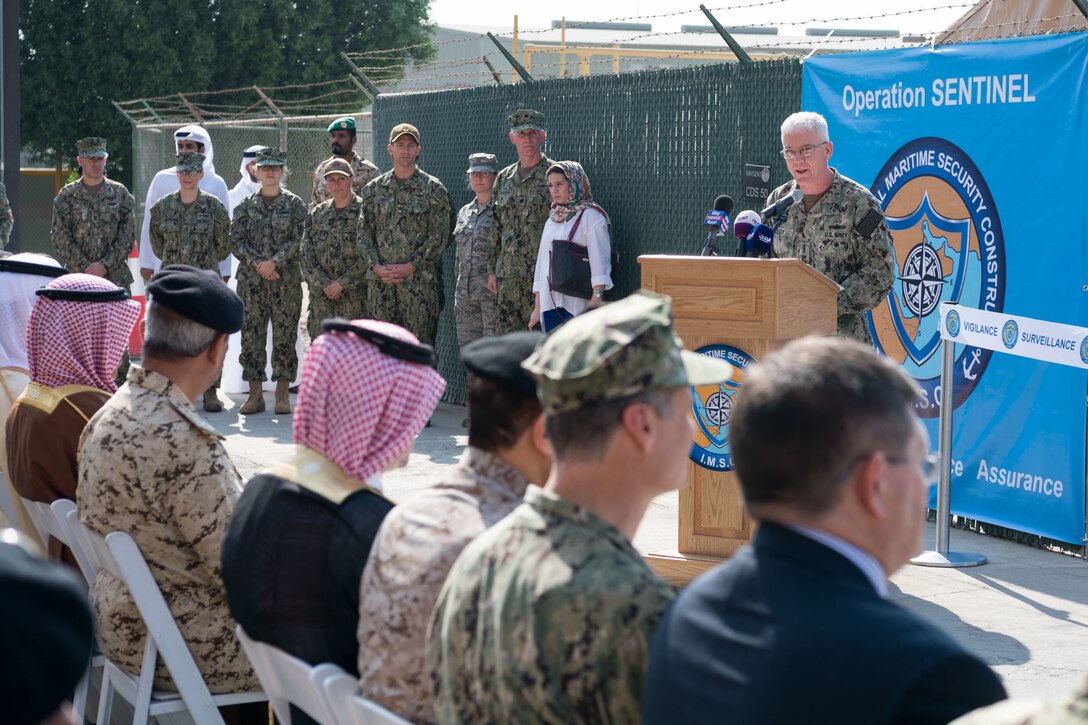 Vice Adm. Jim Malloy, commander of U.S. Naval Forces Central Command and U.S. 5th Fleet and Combined Maritime Forces delivers opening remarks during the Coalition Task Force (CTF) Sentinel headquarters ribbon-cutting ceremony. CTF Sentinel is a multinational maritime effort to promote maritime stability, ensure safe passage, and enhance freedom of navigation throughout key waterways in the Arabian Gulf, Strait of Hormuz, the Bab el-Mandeb Strait and the Gulf of Oman.