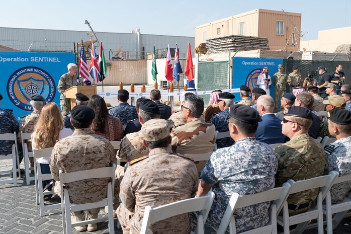 Vice Adm. Jim Malloy, commander of U.S. Naval Forces Central Command and U.S. 5th Fleet and Combined Maritime Forces delivers opening remarks during the Coalition Task Force (CTF) Sentinel headquarters ribbon-cutting ceremony. CTF Sentinel is a multinational maritime effort to promote maritime stability, ensure safe passage, and enhance freedom of navigation throughout key waterways in the Arabian Gulf, Strait of Hormuz, the Bab el-Mandeb Strait and the Gulf of Oman.