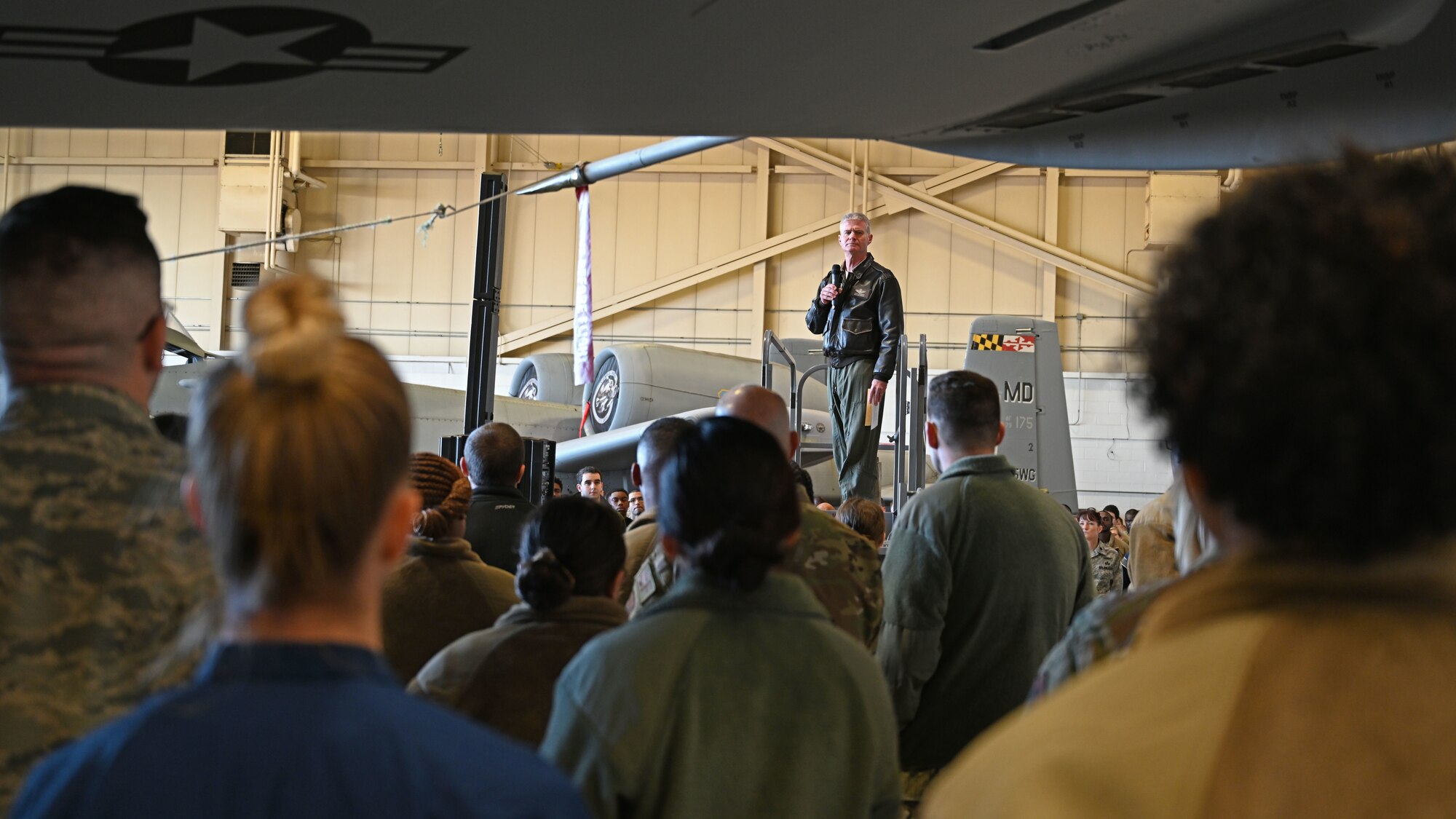 U.S. Air Force Brig. Gen. Paul Johnson, 175th Wing commander, holds a wing-level all call to kick of the Resilience Tactical Pause, Nov. 3 at Warfield Air National Guard Base, Middle River, Md. The Resilence Tactical Pause was mandated by Air Force Chief of Staff General David L. Goldfein to provide an opportunity for leaders to engage their Airmen in a manner that fosters interpersonal connection. (Air National Guard photo by Master Sgt. Chris Schepers)