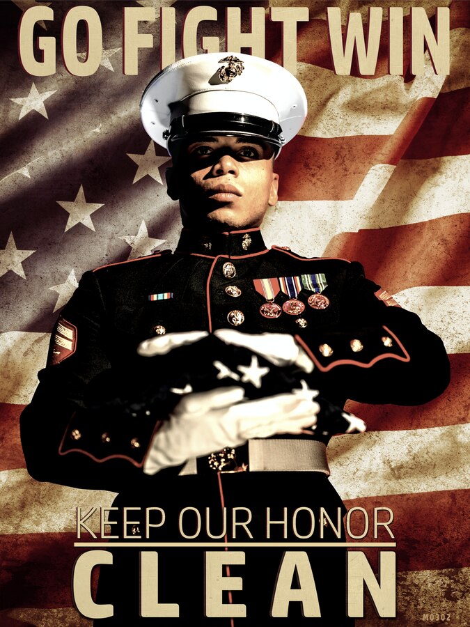 Cpl. Ronald Parker, a reproduction specialist with Communication Strategy and Operations, Headquarters Battalion, holds out a flag at Marine Corps Support Facility New Orleans, Nov. 5, 2019. The illustration was designed in order to display the Marine Forces Reserves' new slogan of Go, Fight, Win and Keep Our Honor Clean. (U.S. Marine Corps photo illustration by PFC. Colby Bundy