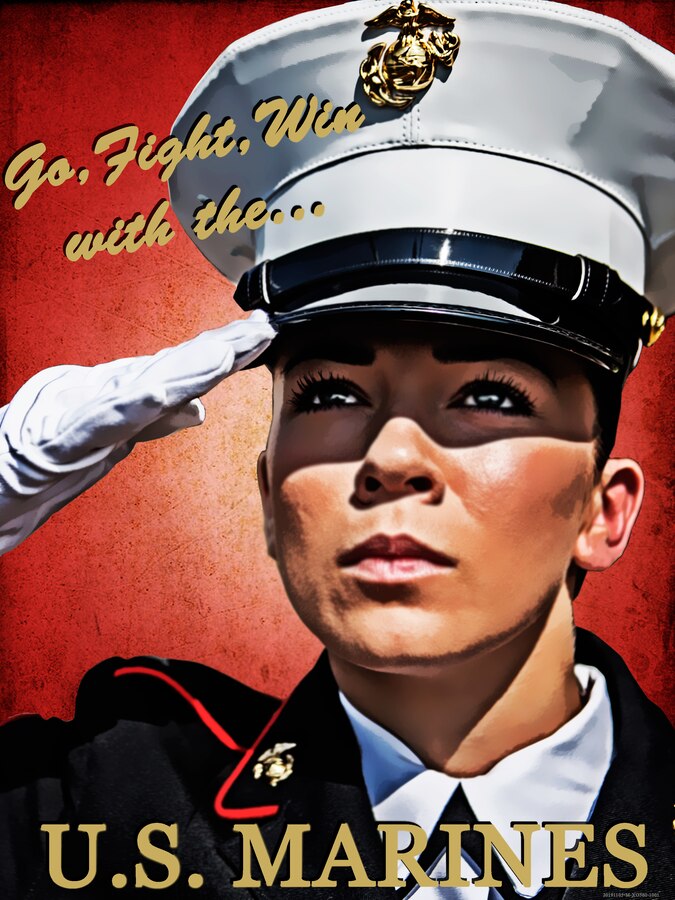 Cpl. Tessa Watts, a combat photographer with Communication Strategy and Operations, Headquarters Battalion, salutes the flag at Marine Corps Support Facility New Orleans, Nov. 5, 2019. The illustration was designed in order to display the Marine Forces Reserves' new slogan of Go, Fight, Win and Keep Our Honor Clean. (U.S. Marine Corps photo illustration by Cpl. Tessa Watts