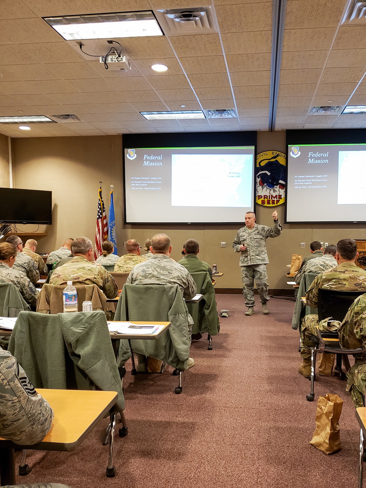 Lt. Col. Travis Schuring, South Dakota National Guard Headquarters state director of personnel, spoke to 114th Fighter Wing Airmen during the inaugural Lobo Leadership Course Nov. 3, 2019.