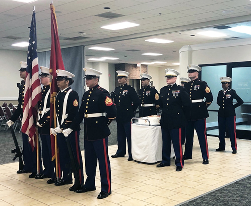 Marines stand together before birthday celebration begins