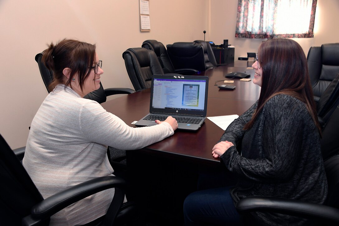 Procurement Analyst Erin Clore and Contracting Officer Kayla DesVoignes discuss the features of the new online tool helping staff members ensure they use the latest information and comply with all of the rules and regulations for contracts.