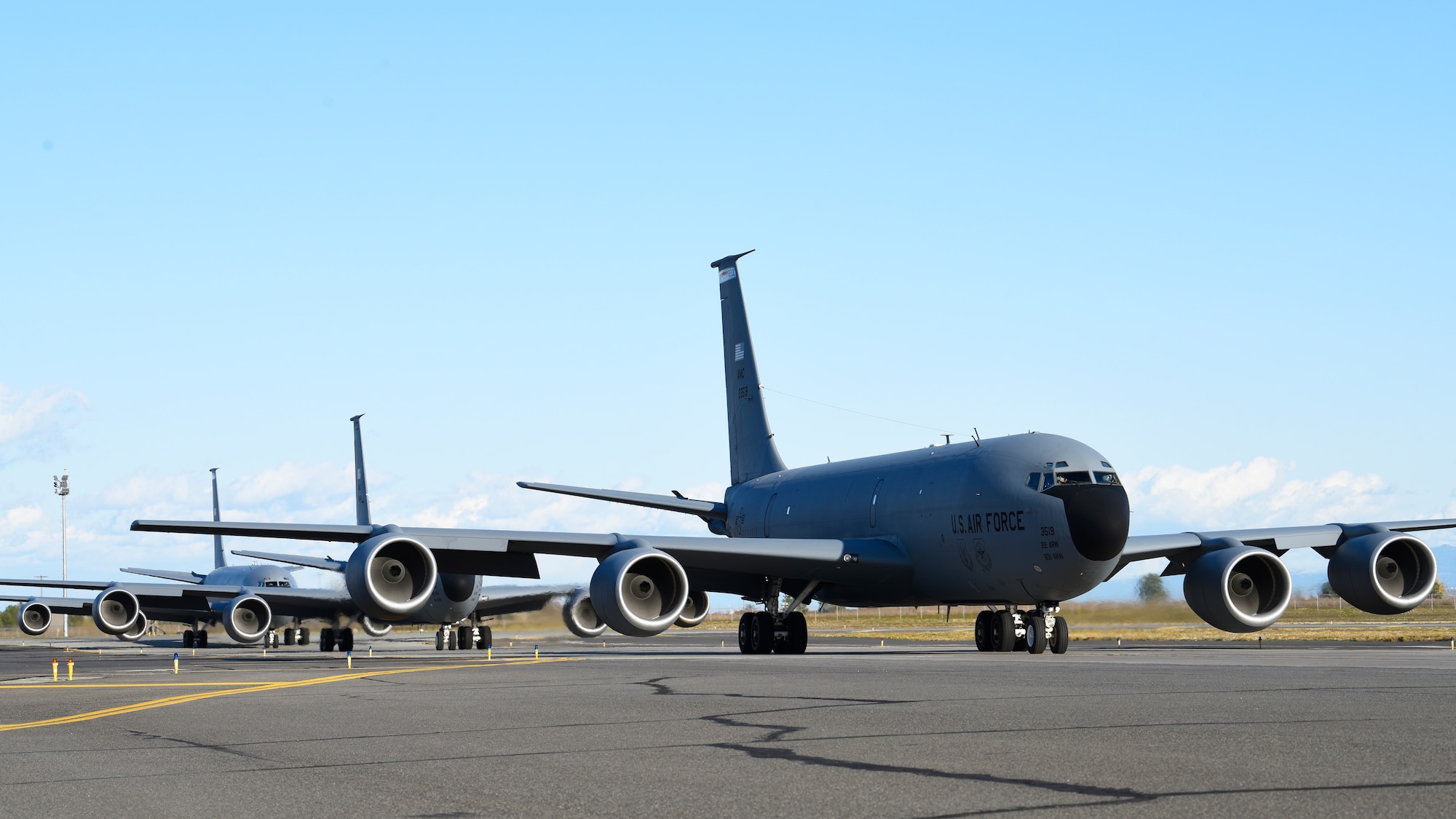 U.S. Air Force KC-135 Stratotankers taxi during a simulated alert response during Exercise Global Thunder at Fairchild Air Force Base, Washington, Oct. 22, 2019. Global Thunder is an annual command and control exercise designed to train U.S. Strategic Command forces and assess joint operational readiness. (U.S. Air Force photo by Airman 1st Class Lawrence Sena)