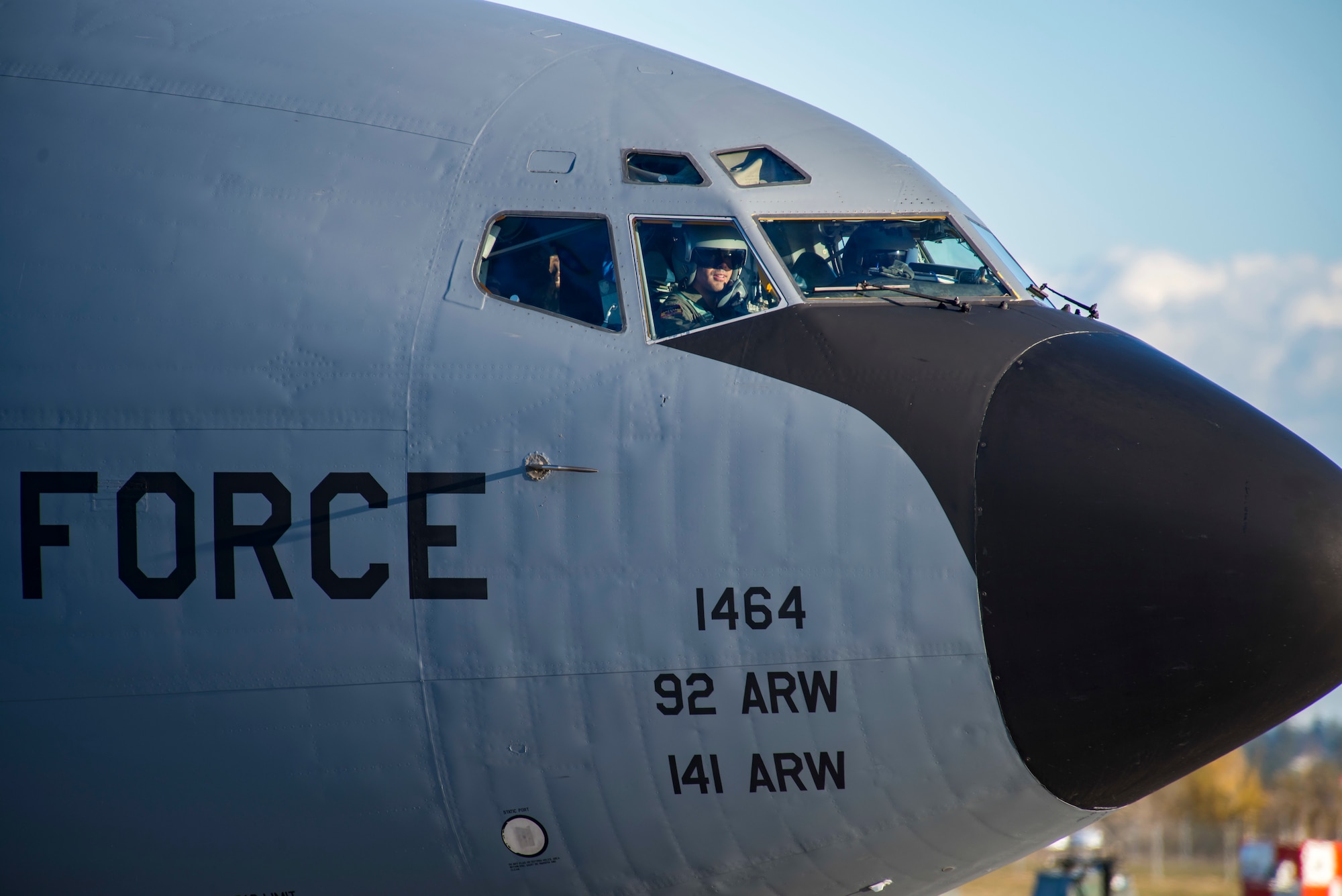 A U.S. Air Force KC-135 Stratotanker taxies during a simulated alert response during Exercise Global Thunder at Fairchild Air Force Base, Washington, Oct. 22, 2019. Global Thunder is an annual command and control exercise designed to train U.S. Strategic Command forces and assess joint operational readiness. (U.S. Air Force photo by Airman 1st Class Lawrence Sena)