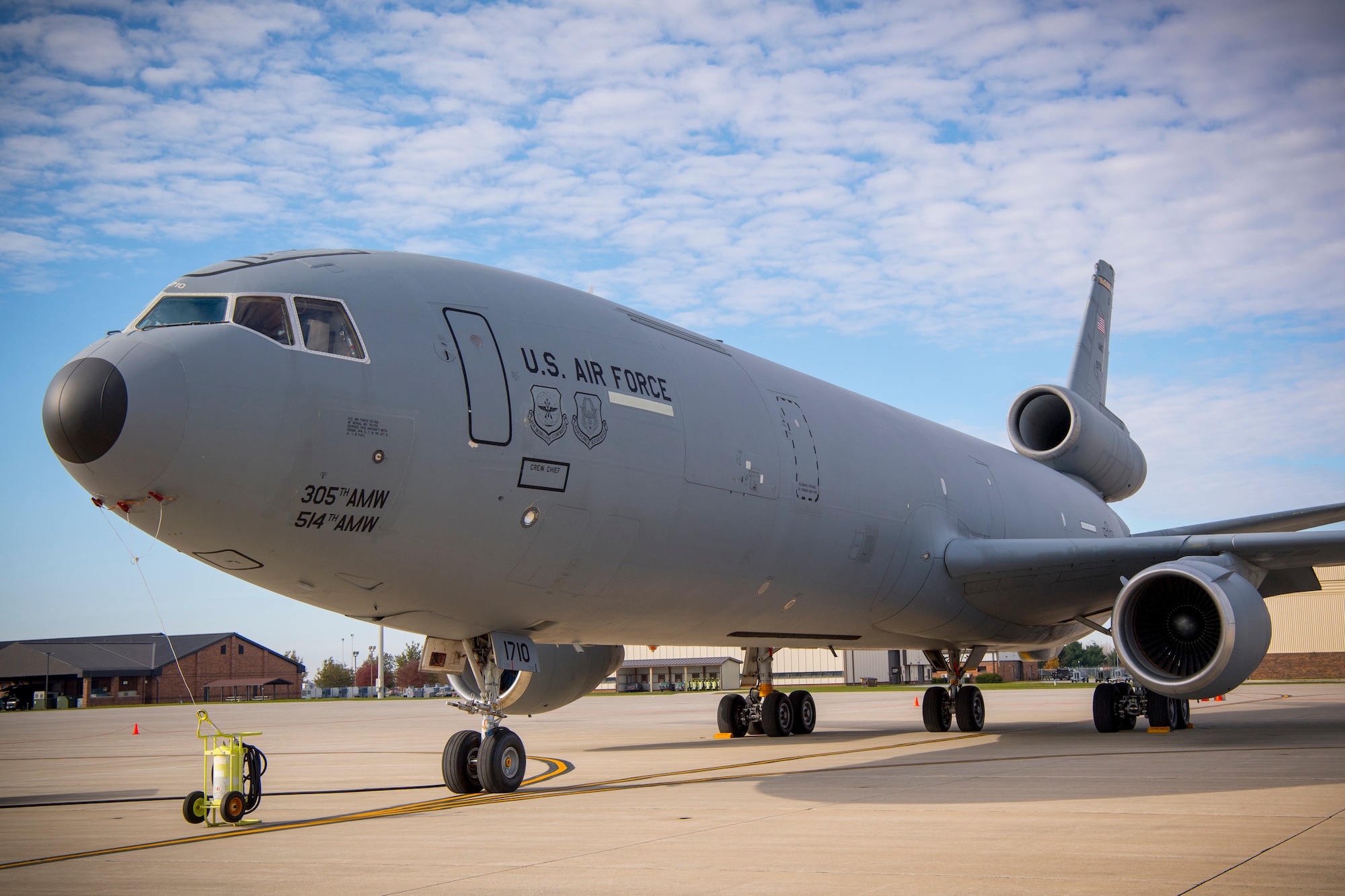 A KC-10 Extender from Joint Base McGuire-Dix-Lakehurst, New Jersey, sits on the parking ramp at Grissom Air Reserve Base, Indiana Nov. 6, 2019. The tanker made a pit-stop to pick up humanitarian cargo being sent to Afghanistan. (U.S. Air Force photo/Master Sgt. Ben Mota)