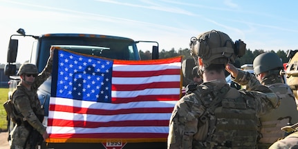 Airmen present the colors at a morning formation during Palmetto Challenge at McEntire Joint National Guard Base, S.C., Nov. 3, 2019. The goal of the exercise was to develop and maintain full-spectrum readiness and ensure JB Charleston’s Airmen were ready for rapid mobilization and able to support Air Mobility Command and DOD priorities. Both active-duty and reserve Airmen from the 628th Air Base Wing, 437th Airlift Wing and 315th Airlift Wing came together to train in operating in an austere environment. More than 140 Airmen took part in the global mobilization readiness exercise at McEntire Joint National Guard Base, and Pope Army Airfield, S.C.