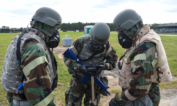 A Post Attack Reconnaissance team performs a limited release check during Palmetto Challenge at McEntire Joint National Guard Base, S.C., Nov. 3, 2019. The goal of the exercise was to develop and maintain full-spectrum readiness and ensure JB Charleston’s Airmen were ready for rapid mobilization and able to support Air Mobility Command and DOD priorities. Both active-duty and reserve Airmen from the 628th Air Base Wing, 437th Airlift Wing and 315th Airlift Wing came together to train in operating in an austere environment. More than 140 Airmen took part in the global mobilization readiness exercise at McEntire Joint National Guard Base, and Pope Army Airfield, S.C.