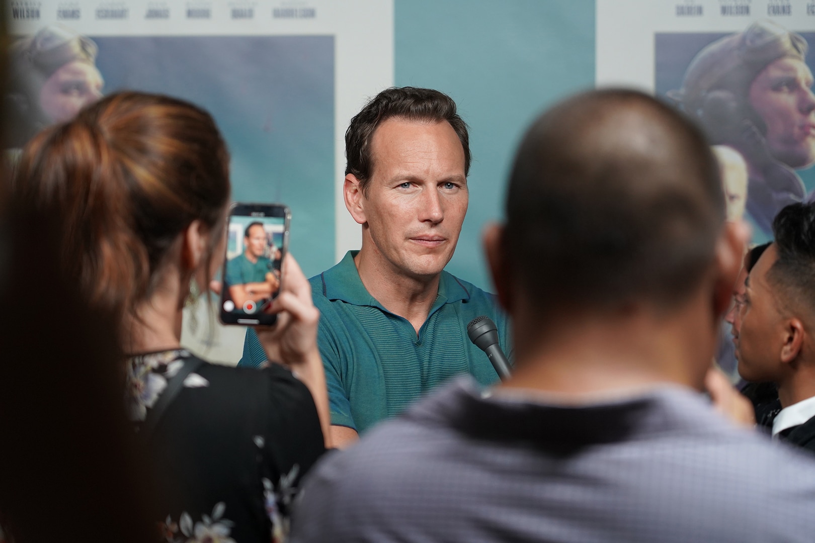Hollywood actor Patrick Wilson answers media questions at the Midway red carpet premiere at Sharkey Theater on Joint Base Pearl Harbor-Hickam. Wilson toured Station Hypo located at PHNSY&IMF’s Building 1 ahead of the premiere. Wilson plays Edwin Layton, an intelligence officer who worked at Pearl Harbor –including at Station Hypo– during World War II, in the film.