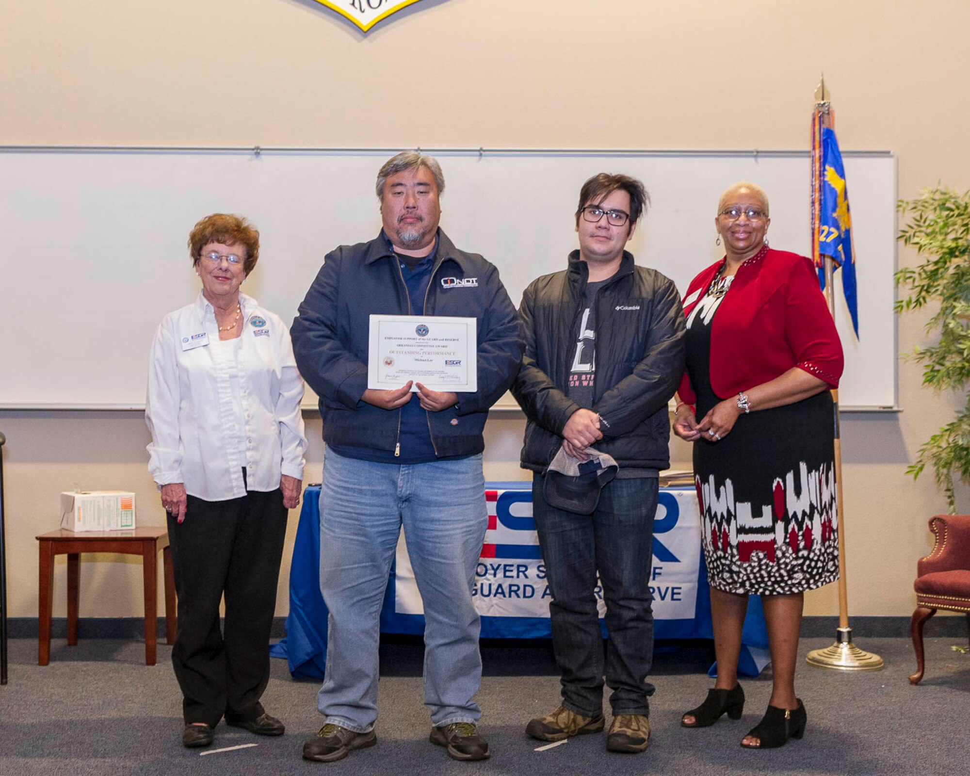 Senator Jane English presents certificates of appreciation as the ESGR state chairwoman to employers on Nov. 3, 2019, at Little Rock Air Force Base, Ark. The employers were participating in an Employer Support of the Guard and Reserve “Bosslift,” which enhances awareness and understanding between Reserve military members and the civilian employers. Activities began with a briefing by Col. Daniel Collister, 913th Airlift Group deputy commander, who expressed his gratitude to the employers. (U.S. Air Force Reserve photo by Maj. Ashley Walker)