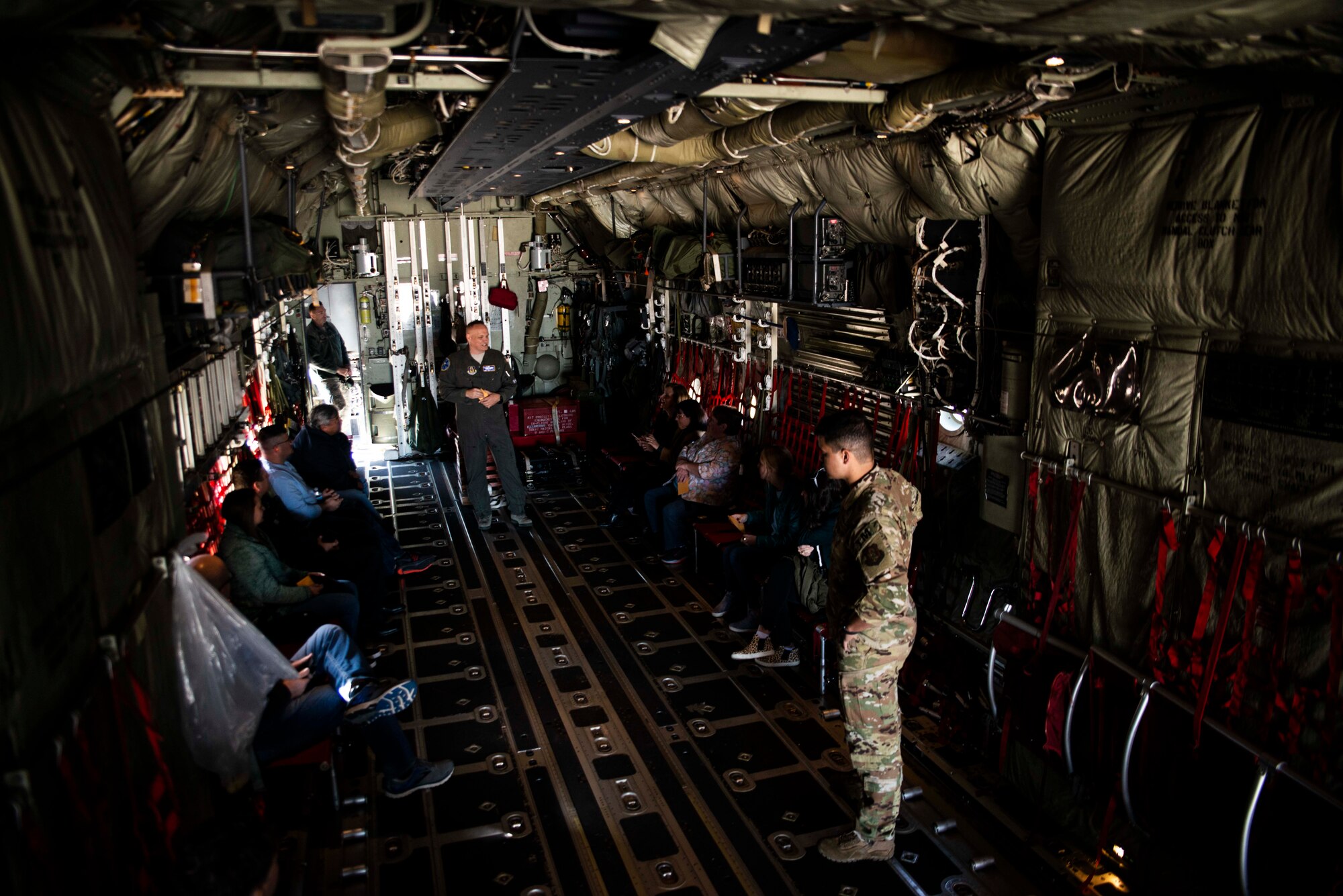 Members of the bosslift and spouse orientation listen to a safety briefing by aircrew aboard a C-130J Hercules aircraft on Nov. 3, 2019. The employers were participating in an Employer Support of the Guard and Reserve “Bosslift,” which enhances awareness and understanding between Reserve military members and the civilian employers. Activities began with a briefing by Col. Daniel Collister, 913th Airlift Group deputy commander, who expressed his gratitude to the employers. Following the remarks, Senator Jane English presented certificates of appreciation as the ESGR state chairwoman. (U.S. Air Force Reserve photo by Senior Airman Chase Cannon)