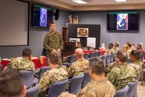 Joint Task Force Civil Support Chief of Staff U.S. Marine Corps Col. Timothy Powledge addresses the command during the 244th Marine Corps birthday celebration. Powledge talked about the Marine Corps’ origin, its duties and responsibilities to the United States and what it means to be a United States Marine. Official DoD photo by Mass Communication Specialist 3rd Class Michael Redd/RELEASED)
