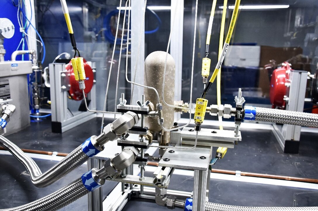 A first demonstration fuel-oil cooler currently being tested using AFRL’s new heat exchanger (HX) testing capability. (U.S. Air Force photo/Spencer Deer)