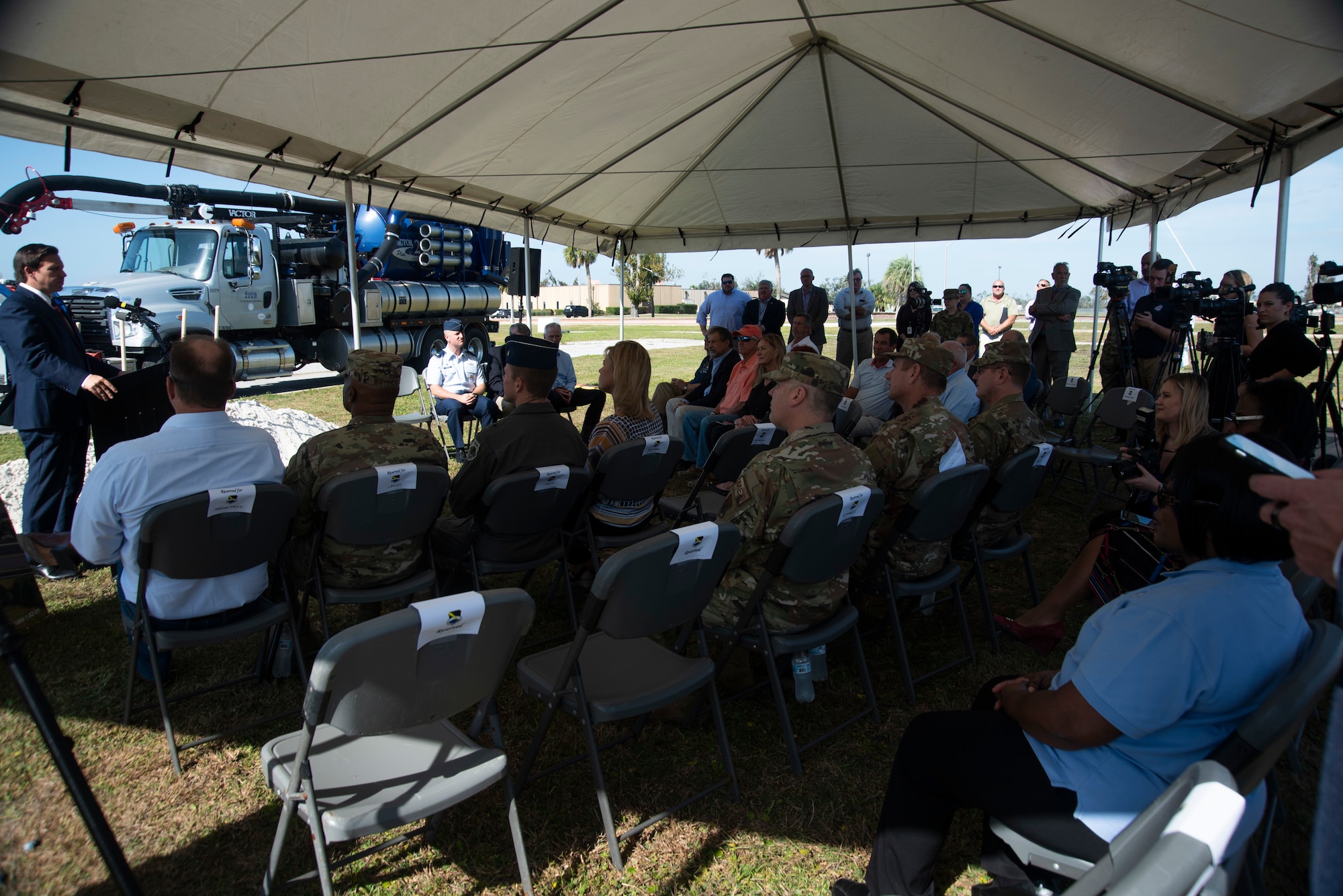 Ron DeSantis, Governor of Florida, speaks during a groundbreaking ceremony Nov. 6, 2019, at Tyndall Air Force Base, Florida. A groundbreaking ceremony for the U.S. 98/Tyndall Air Force Base Flyover was held at Tyndall’s Flag Park. The flyover will improve mobility by separating through traffic on U.S. 98 from drivers entering and exiting Tyndall. The project represents a continued partnership with the State of Florida in supporting the rebuild process of Tyndall. This was a collaborative effort of the Florida Department of Transportation, the Federal Highway Administration, and Tyndall’s 325th Fighter Wing. (U.S. Air Force photo by Staff Sgt. Magen M. Reeves)