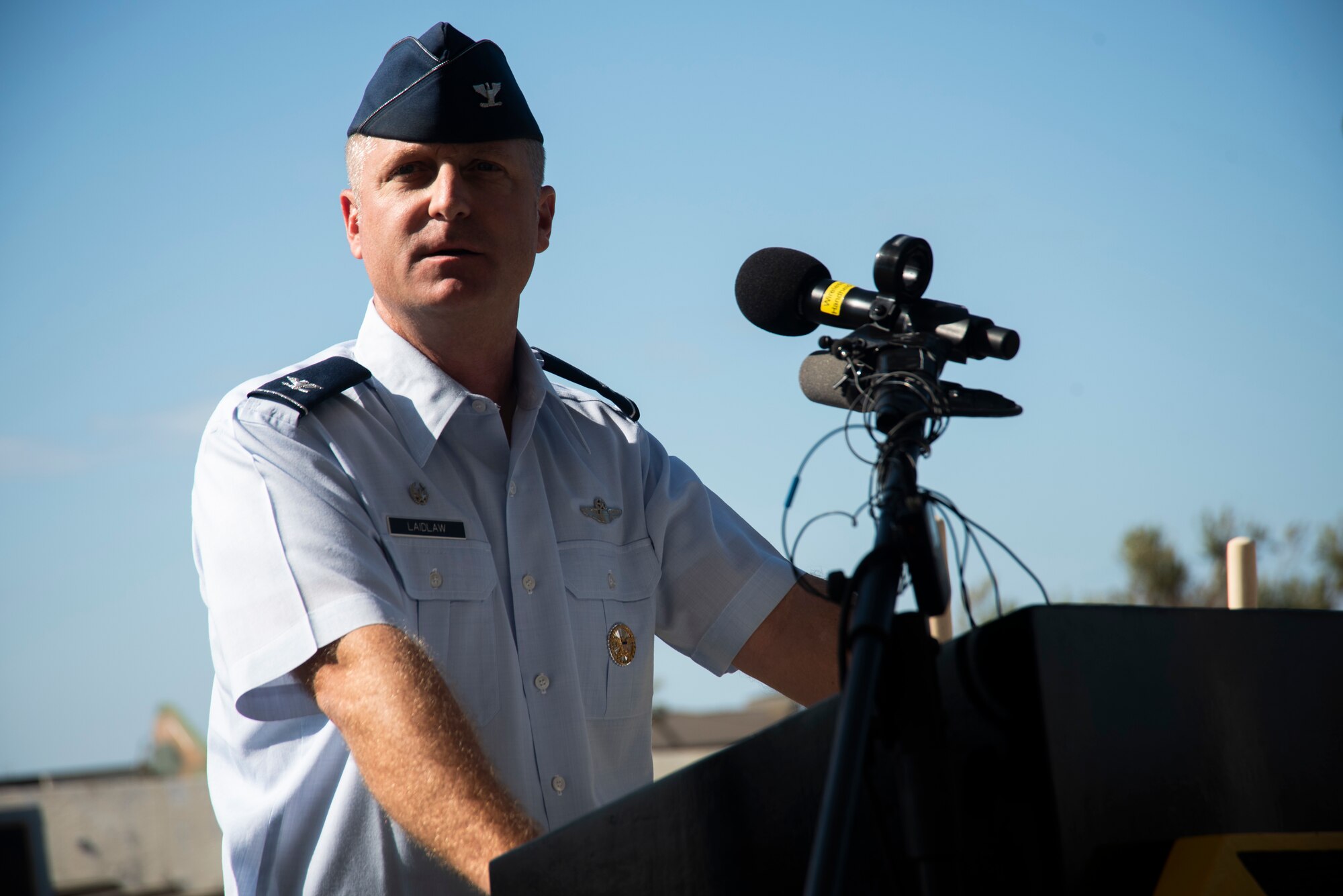 Brian Laidlaw, 325th Fighter Wing commander, speaks during a groundbreaking ceremony Nov. 6, 2019, at Tyndall Air Force Base, Florida. A groundbreaking ceremony for the U.S. 98/Tyndall Air Force Base Flyover was held at Tyndall’s Flag Park. The flyover will improve mobility by separating through traffic on U.S. 98 from drivers entering and exiting Tyndall. The project represents a continued partnership with the State of Florida in supporting the rebuild process of Tyndall. This was a collaborative effort of the Florida Department of Transportation, the Federal Highway Administration, and Tyndall’s 325th Fighter Wing. (U.S. Air Force photo by Staff Sgt. Magen M. Reeves)