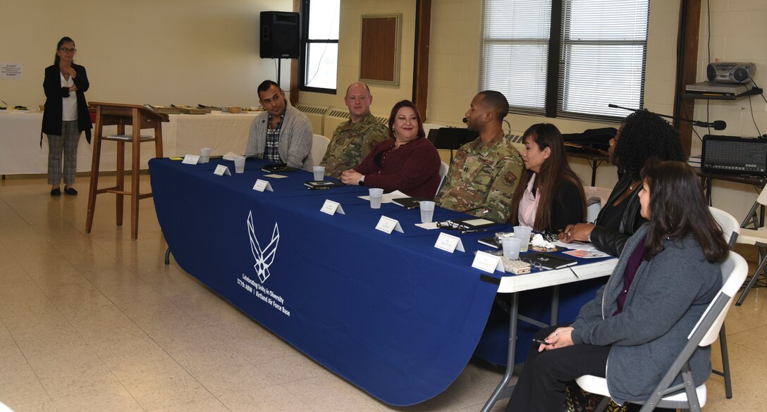 Panel members answer questions at the first Diversity Heritage Day event on Kirtland Air Force Base, N.M., Nov. 6, 2019. The members answered questions about diversity and inclusion in the workplace from their own experience.  (U.S. Air Force photo by Airman 1st Class Ireland Summers)