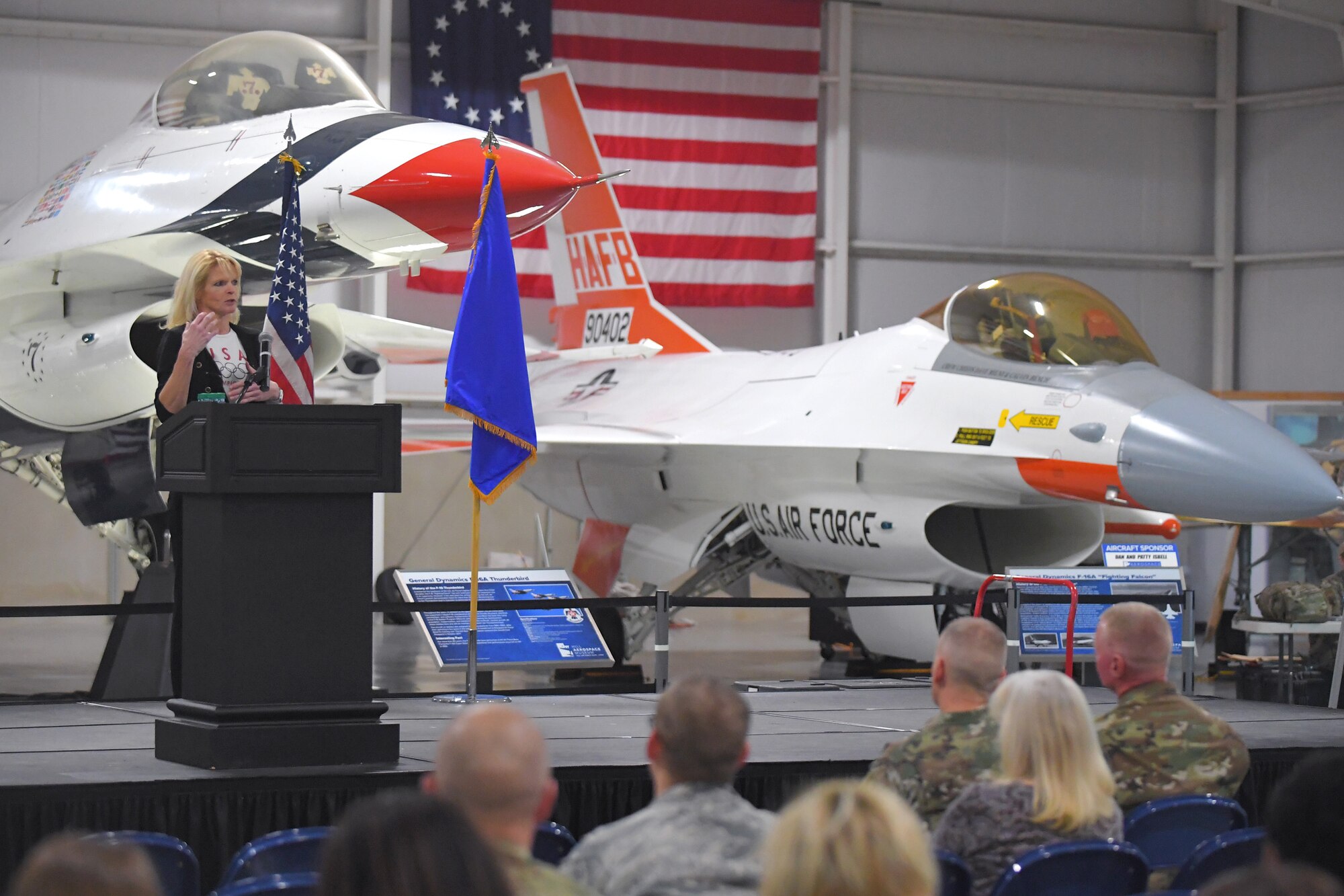 Guest speaker Nikki Stone, 1998 gold medalist in aerial skiing, shares a personal story of how charities helped her family overcome challenges with diabetes during the 2019 Combined Federal Campaign Kickoff and Exposition event held at the Hill Aerospace Museum, Nov. 4, 2019, at Hill Air Force Base, Utah. The CFC is schedule to run Nov. 4 through Dec. 15 at Hill AFB. (U.S. Air Force photo by Todd Cromar)