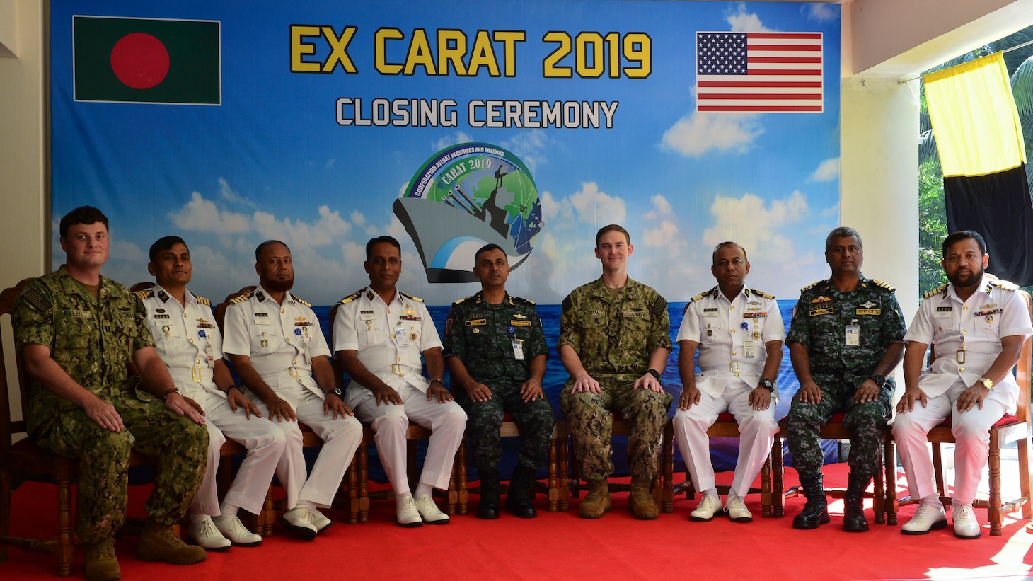 Chattogram, Bangladesh (Nov. 7, 2019) U.S. and Bangladesh Navy senior delegates come together for a group photo during the closing ceremony of Cooperation Afloat Readiness and Training (CARAT) Bangladesh 2019. This year marks the 25th iteration of CARAT, a multinational exercise designed to enhance U.S. and partner navies' abilities to operate together in response to traditional and non-traditional maritime security challenges in the Indo-Pacific region.