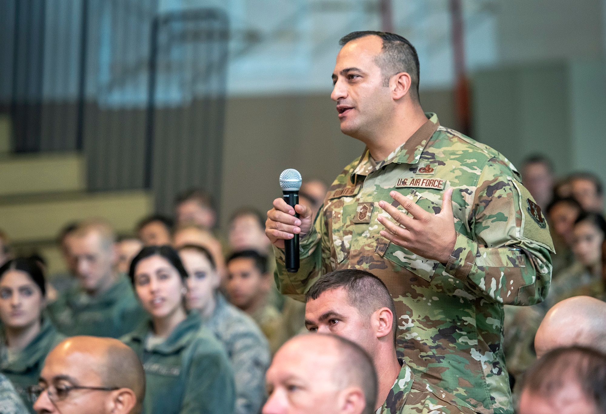 Senior Master Sgt. David Quintero, 159th Maintenance Group, Louisiana Air National Guard, asks a question about the future of the F-15 program to U.S. Air Force Lt. Gen. L. Scott Rice, director of the Air National Guard, at Naval Air Station Joint Reserve Base New Orleans, Nov. 3, 2019.