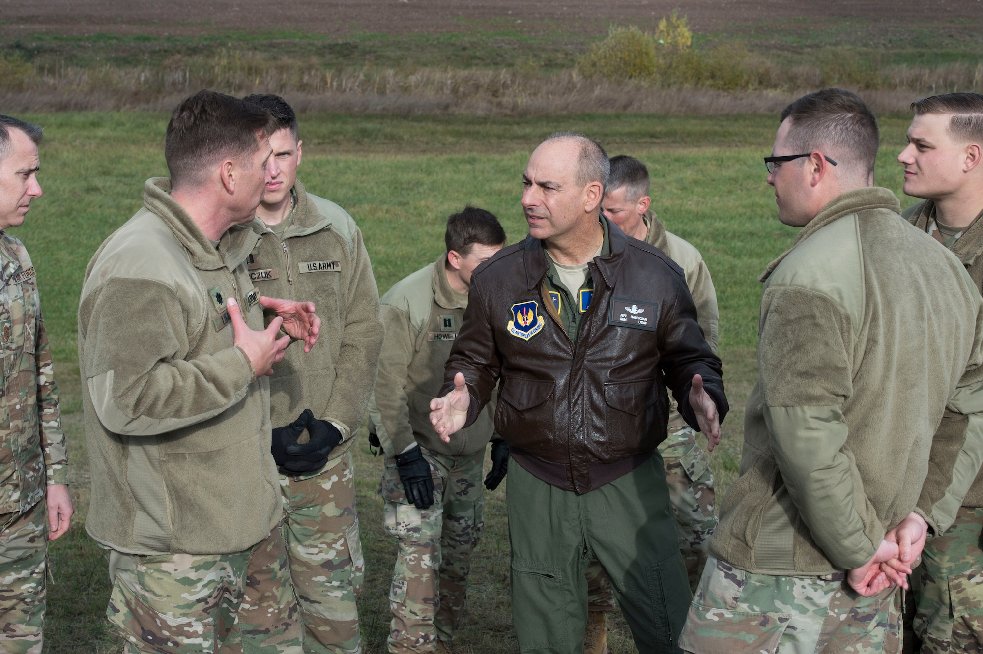 Gen. Jeff Harrigian, U.S. Air Forces in Europe and Air Forces Africa commander, discusses the Patriot Missile System with Soldiers from the 5th Battalion, 7th Air Defense Artillery Regiment, Baumholder, Germany, at Ramstein Air Base, Germany, Nov. 6, 2019. Soldiers from the 5-7 ADA are completing their Table VIII certification and demonstrating their ability to deploy this defensive capability anytime, anywhere. (U.S. Air Force photo by Tech. Sgt Stephen Ocenosak)