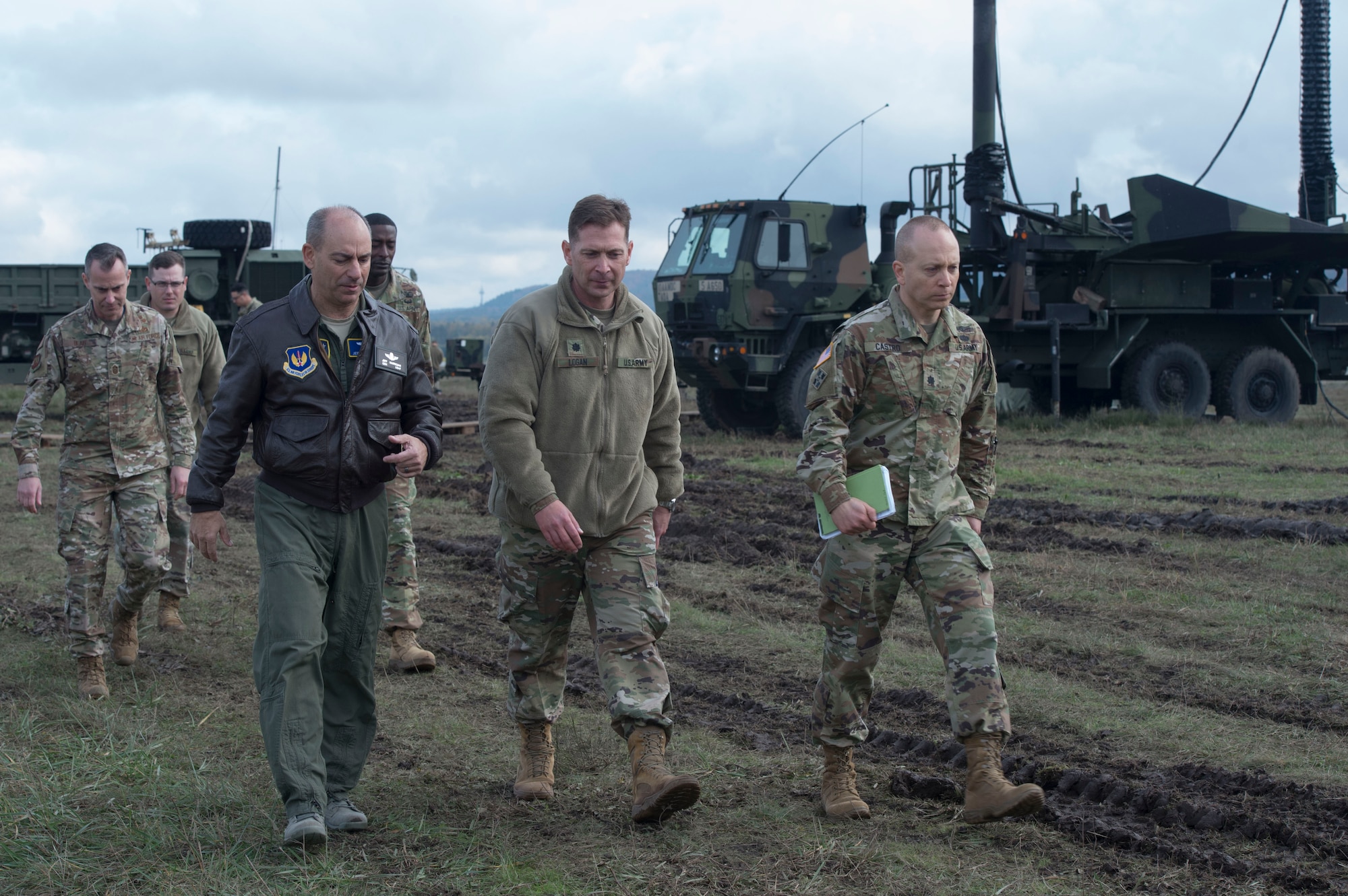 Gen. Jeff Harrigian, U.S. Air Forces in Europe and Air Forces Africa commander, discusses the Patriot Missile System with U.S. Army Lt. Col. Justin Logan, 5th Battalion, 7th Air Defense Artillery Regiment commander, Baumholder, Germany, while at Ramstein Air Base, Germany, Nov. 6, 2019. Soldiers from the 5-7 ADA are completing their Table VIII certification and demonstrating their ability to deploy this defensive capability anytime, anywhere. (U.S. Air Force photo by Tech. Sgt Stephen Ocenosak)
