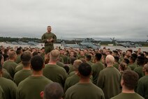 U.S. Marine Corps Col. Robert B. Finneran, commanding officer, Marine Aircraft Group 29, Marine Corps Air Station New River, gives his remarks following a station-wide formation run on MCAS New River, Nov. 8, 2019. Marines ran in celebration of the Marine Corps’ 244th birthday.