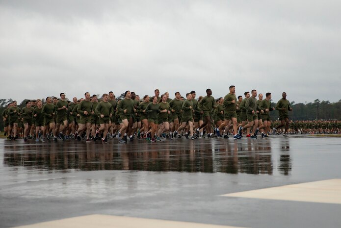 U.S. Marines and Sailors with Marine Corps Air Station New River conduct a station-wide formation run on MCAS New River, Nov. 8, 2019. Marines ran in celebration of the Marine Corps’ 244th birthday.