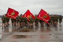U.S. Marines and Sailors with Marine Corps Air Station New River conduct a station-wide formation run on MCAS New River, Nov. 8, 2019. Marines ran in celebration of the Marine Corps’ 244th birthday.