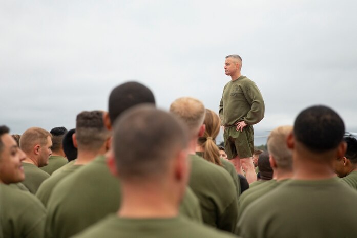U.S. Marine Corps Col. Robert B. Finneran, commanding officer, Marine Aircraft Group 29, Marine Corps Air Station New River, gives his remarks following a station-wide formation run on MCAS New River, Nov. 8, 2019. Marines ran in celebration of the Marine Corps’ 244th birthday.