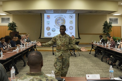 Col. Terrence Adams, 628th Air Base Wing commander, welcomes educational influencers to Joint Base Charleston Nov. 7, 2019, as part of a continuing effort to strengthen collaboration between leaders from the base and local community.