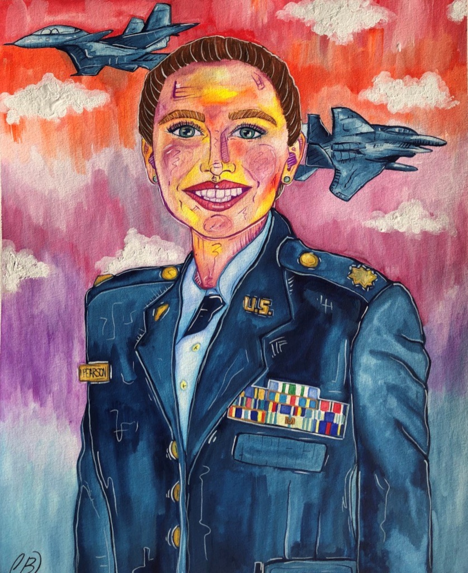 Manatee School for the Arts senior Caroline Beattie painted a portrait of her Economics and Government teacher who serves in the Air Force Reserves for the school's Veteran's Day program. (U.S. Air Force courtesy photo)