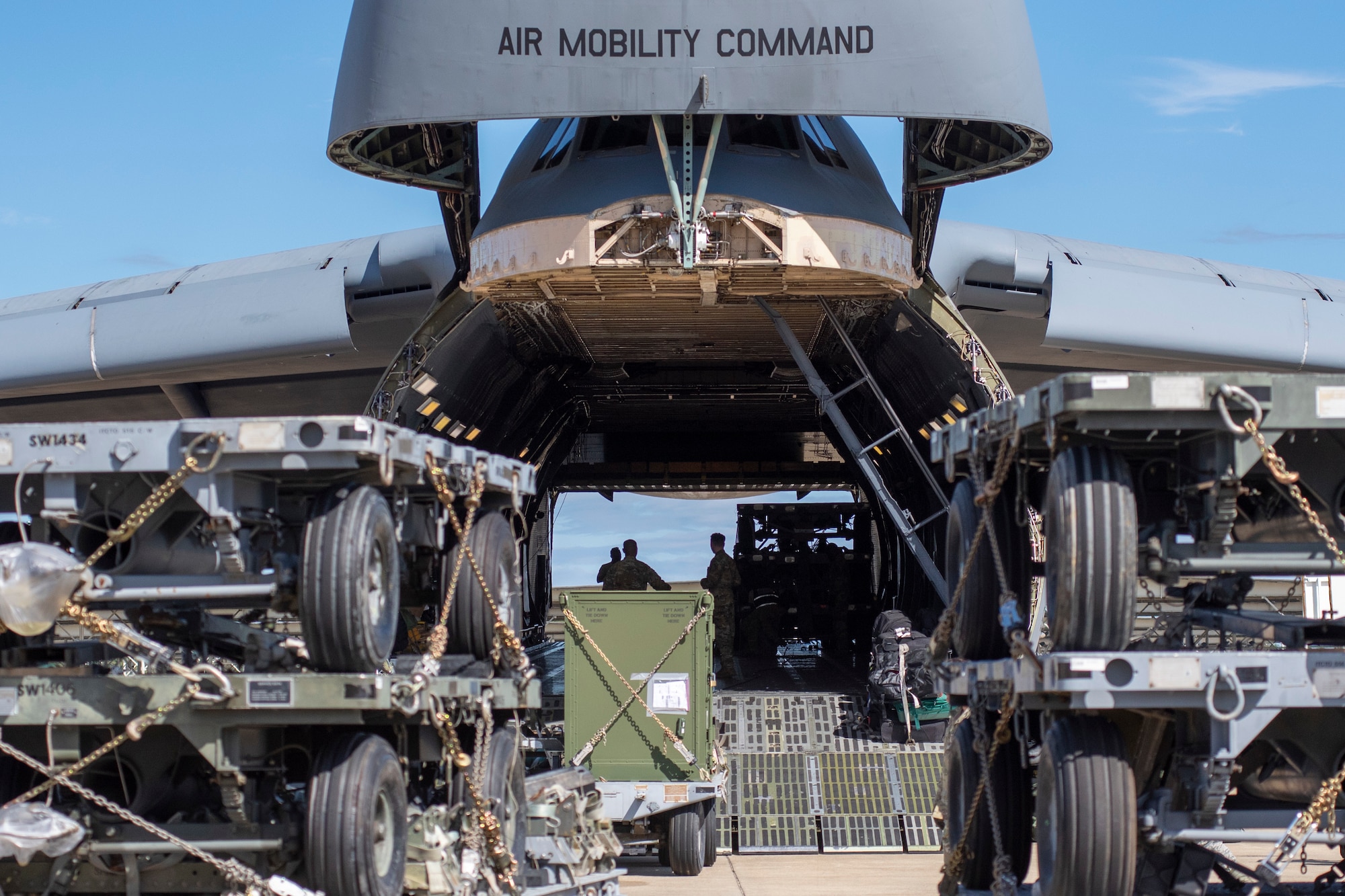A C-5M Super Galaxy is loaded with cargo at Shaw Air Force Base, South Carolina, Oct. 24, 2019.