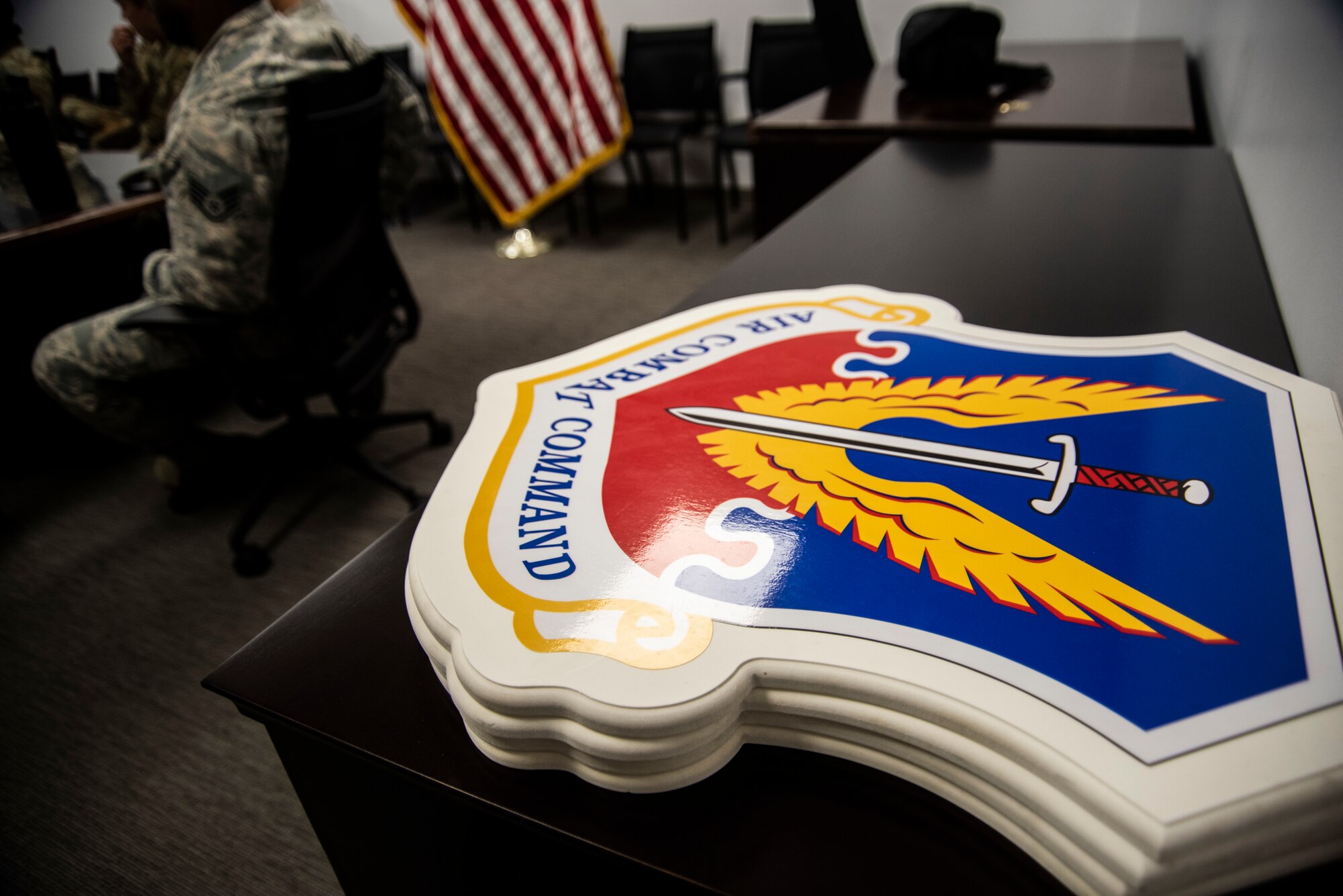 The shield for U.S. Air Force Air Combat Command is pictured Nov. 8, 2019, at Tyndall Air Force Base, Florida. The 53rd Test Support Squadron facilitated an immersion tour for members assigned to the 325th Fighter Wing. Airmen visited multiple units of the 53rd Weapons Evaluation Group during the tour. The group was also participating in the Weapons System Evaluation Program and Checkered Flag 20-1 exercise on Tyndall's flight line. Attendees also learned about the unit's joint partnership with Tyndall, ensuring Airmen are trained and equipment is tested, to support the warfighter. (U.S. Air Force photo by Staff Sgt. Magen M. Reeves)