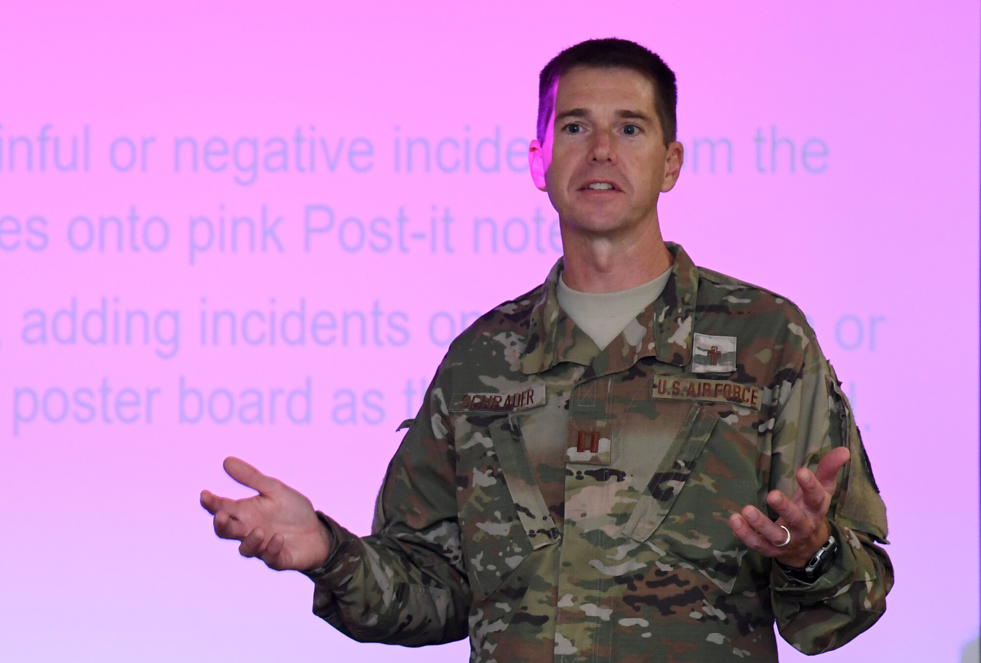 U.S. Air Force Chaplain (Capt.) Darrel Schrader, 81st Training Wing chaplain, delivers instruction to students for an "A Life-Mapping Experience" exercise during the Leadership Enhancement and Development Seminar inside the Airman Leadership School building at Keesler Air Force Base, Mississippi, Nov. 5, 2019. The three-day course, which is open to all supervisors, is meant to enhance effective communication, skillful interpersonal interaction and emotional intelligence in the military environment by using an active learning format that emphasizes discussion  and minimizes lecture. (U.S. Air Force photo by Kemberly Groue)