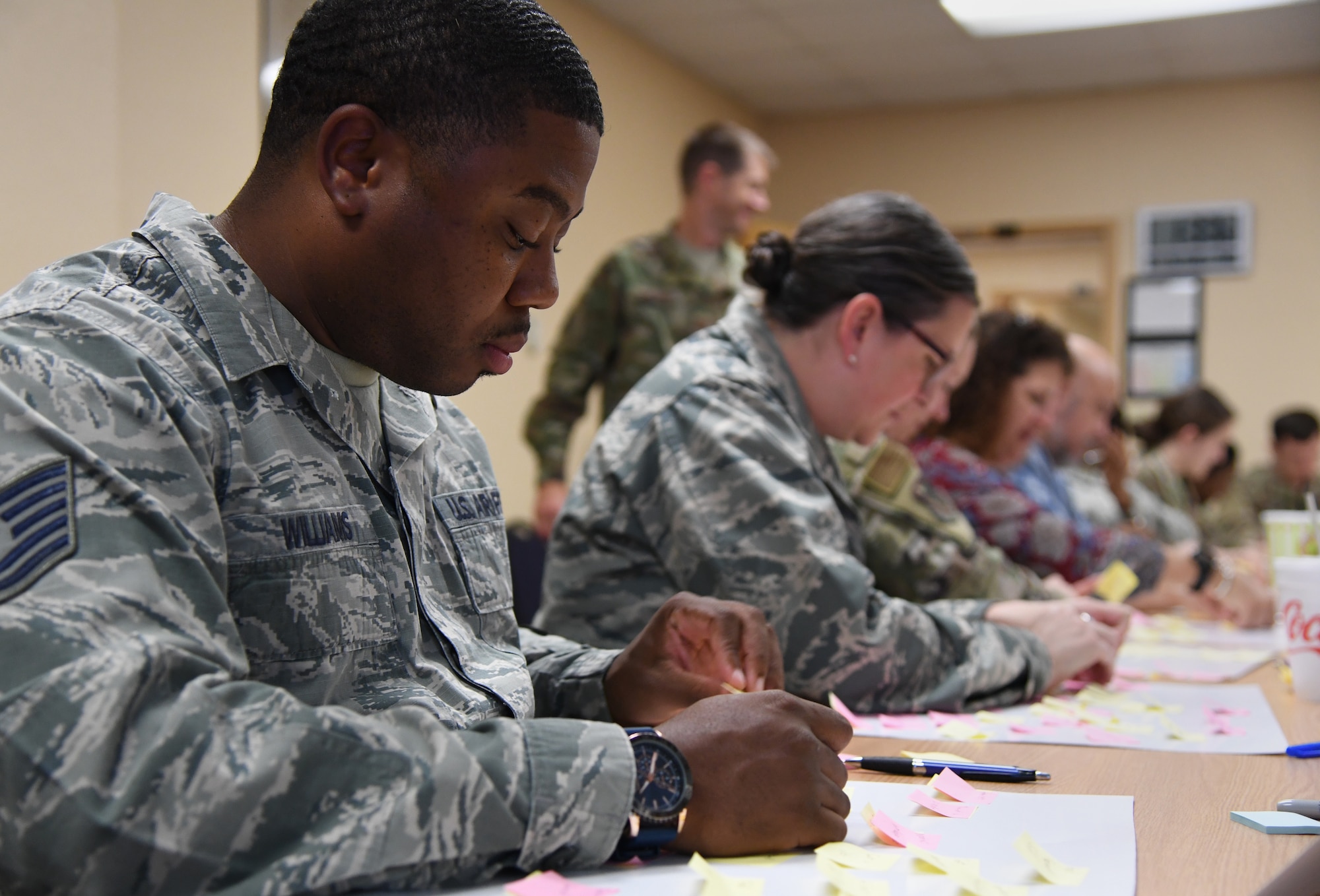 U.S. Air Force Tech. Sgt. Darrius Williams, 81st Aerospace Medicine Squadron emergency management NCO in charge, participates in "A Life-Mapping Experience" exercise during the Leadership Enhancement and Development Seminar inside the Airman Leadership School building at Keesler Air Force Base, Mississippi, Nov. 5, 2019. The three-day course, which is open to all supervisors, is meant to enhance effective communication, skillful interpersonal interaction and emotional intelligence in the military environment by using an active learning format that emphasizes discussion and minimizes lecture. (U.S. Air Force photo by Kemberly Groue)