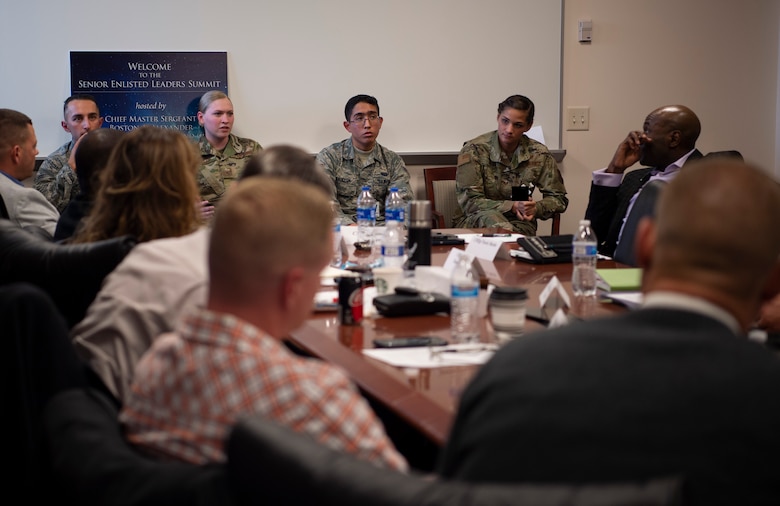 Senior enlisted leaders listen to junior enlisted Airmen and noncommissioned officers during a panel at the Senior Enlisted Leaders Summit in Colorado Springs, Colorado, Nov. 7, 2019. The purpose of the panel was to provide feedback to Team Schriever senior enlisted and brainstorm ways to improve Airmen’s quality of life and mission execution. (U.S. Air Force photo by Airman 1st Class Jonathan Whitely)