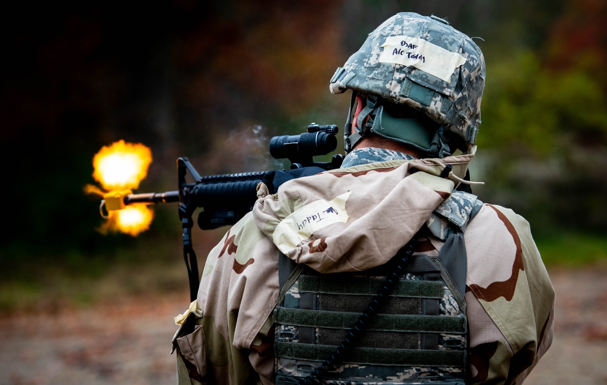 Airman 1st Class Alec Taddy, 375th Security Forces Squadron entry controller, fires a blank firearm cartridge during a mobility exercise at Scott Air Force Base, Ill., Nov. 6, 2019. The MOBEX allowed Airmen to practice their response to challenges such as combat and chemical warfare. (U.S. Air Force photo by Senior Airman Tara Stetler)
