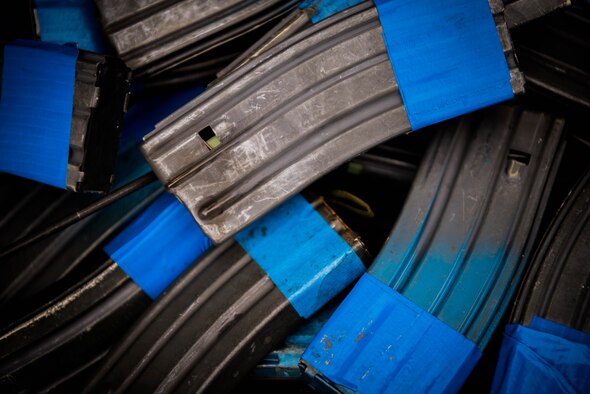 Empty clips used for training during the mobility exercise are placed in a box after use at Scott Air Force Base, Ill., Nov. 6, 2019. During the MOBEX, members of the 375th Security Forces Squadron simulated a ground attack to train members on their tactics and response. (U.S. Air Force photo by Airman 1st Class Nathaniel Hudson)