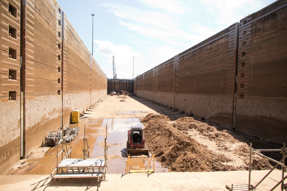 Equipment lines the chamber floor of the John H. Overton Lock and Dam during a complete dewatering of the structure, located on the Red River near Alexandria, Louisiana, by the U.S. Army Corps of Engineers Vicksburg District, Sept. 26.