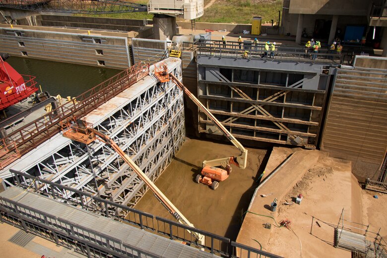 Personnel from the U.S. Army Corps of Engineers Vicksburg District inspect and perform maintenance during a complete dewatering of the John H. Overton Lock and Dam, located on the Red River near Alexandria, Louisiana, Sept. 26.