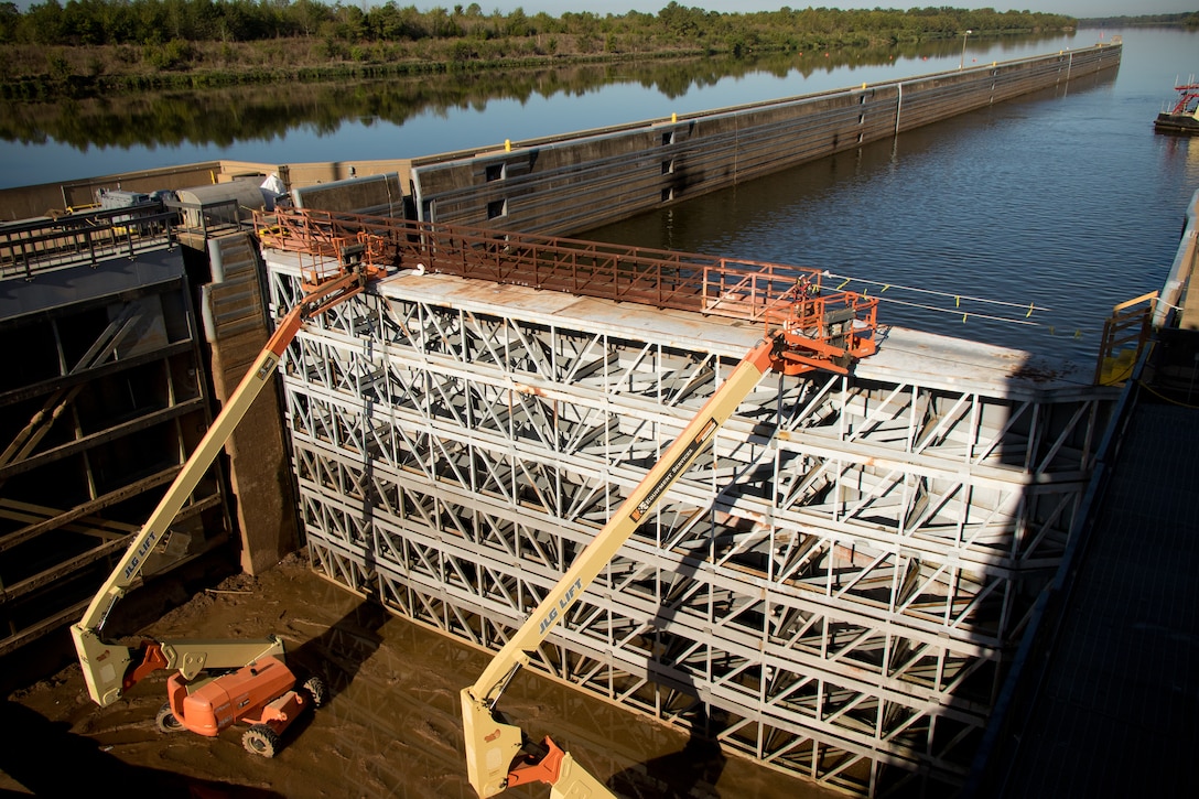 Personnel from the U.S. Army Corps of Engineers Vicksburg District inspect and perform maintenance during a complete dewatering of the John H. Overton Lock and Dam, located on the Red River near Alexandria, Louisiana, Sept. 26.