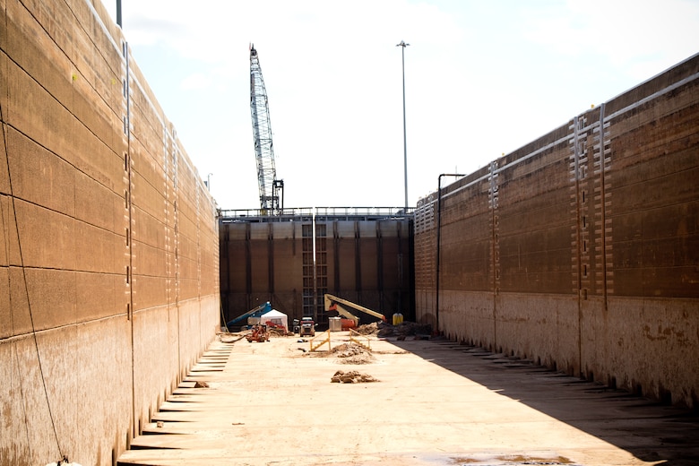 Equipment lines the chamber floor of the John H. Overton Lock and Dam during a complete dewatering of the structure, located on the Red River near Alexandria, Louisiana, by the U.S. Army Corps of Engineers Vicksburg District, Sept. 26.