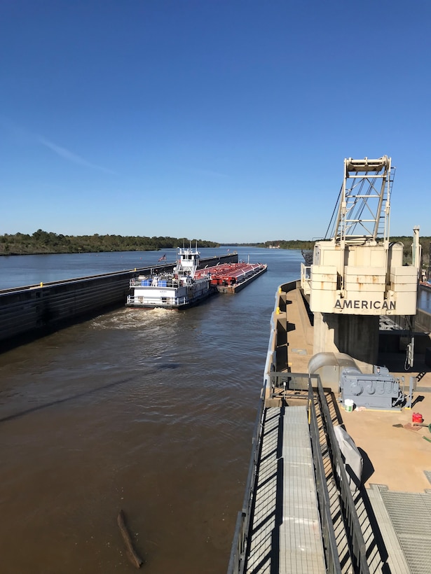 A commercial vessel transits through the John H. Overton Lock and Dam, located on the Red River near Alexandria, Louisiana, Nov. 2, following the reopening of the lock after a complete dewatering of the structure by the U.S. Army Corps of Engineers Vicksburg District.