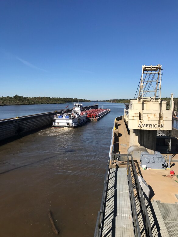 A commercial vessel transits through the John H. Overton Lock and Dam, located on the Red River near Alexandria, Louisiana, Nov. 2, following the reopening of the lock after a complete dewatering of the structure by the U.S. Army Corps of Engineers Vicksburg District.