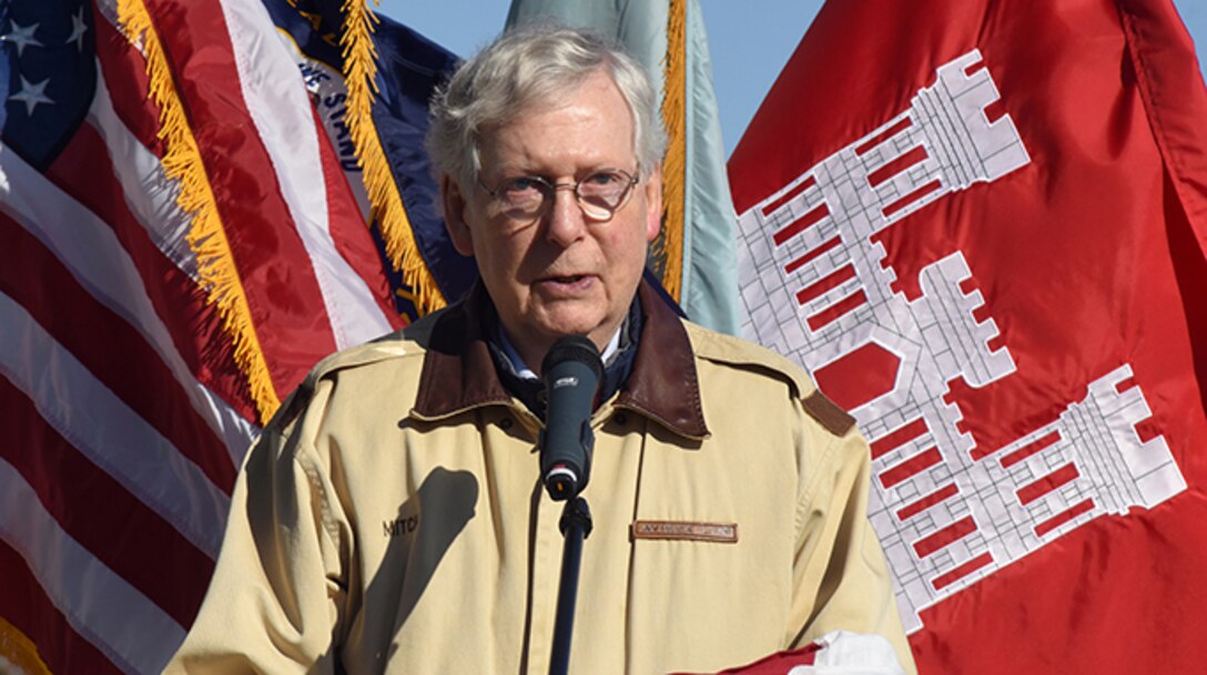 Senate Majority Leader Mitch McConnell speaks during a commissioning ceremony for a bio-acoustic fish fence Nov. 8, 2019 below Barkley Lock in Grand Rivers, Ky. The BAFF sends a curtain of bubbles, sound and light from the riverbed to the water surface, which deters noise-sensitive Asian carp from entering the lock chamber. Fisheries managers on the west coast of the United States use a similar system to guide the movement of trout and salmon from water channels. This marks the first time a BAFF has been tested at a lock and dam on a large river. Construction of the BAFF began in July 2019. The project involves multiple partners, including U.S. Fish and Wildlife Service, Kentucky Department of Fish and Wildlife Resources, U.S. Army Corps of Engineers Nashville District, U.S. Geological Survey, and Tennessee Wildlife Resources Agency. Fish Guidance Systems, a United Kingdom-based company specializing in fish deflection and guidance systems, provided the BAFF technology at Barkley Lock.  (USACE photo by Lee Roberts)